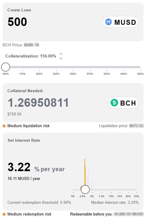 Moria Protocol new loan screen showing 500 MUSD borrowed with Bitcoin Cash collateral