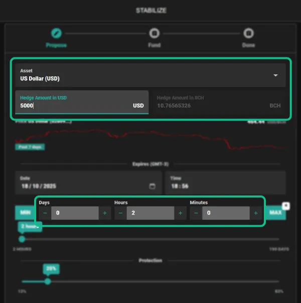 BCHBull step 2 - asset duration How to create a BCH Bull contract - Step 2 select asset and amount