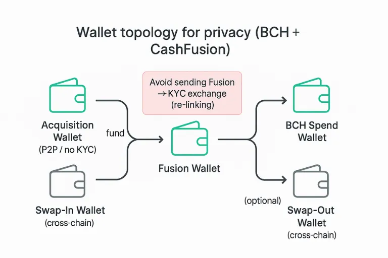 Anonymity wallet topology Wallet topology for crypto privacy via Cashfusion on BCH