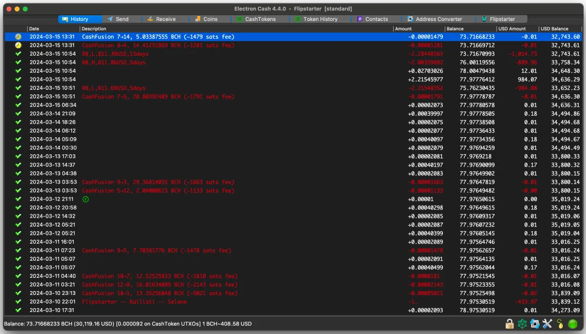 electron cash wallet tx history with cashfusion transactions Electron Cash BCH desktop wallet image with recent Cashfusion transactions