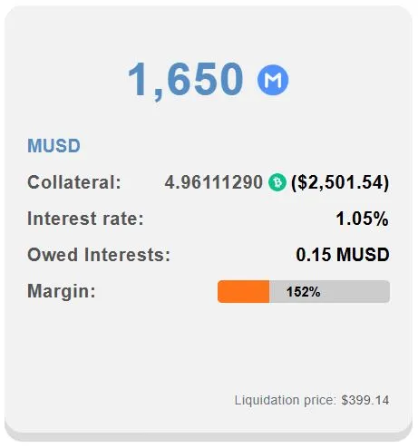 MUSD ongoing loan in Moria web app screenshot
