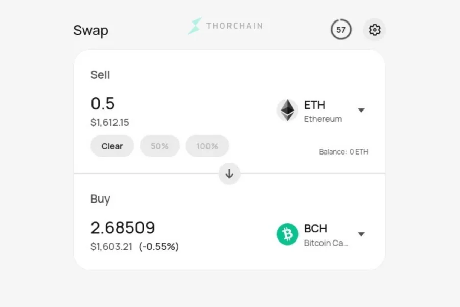 Swap BCH without KYC on Thorchain interface screenshot