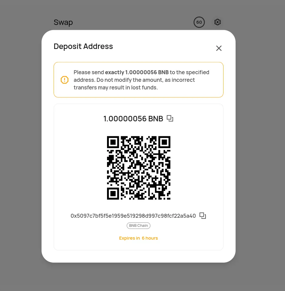 Thorchain’s deposit address view WebP BNB deposit address with QR on Thorchain.