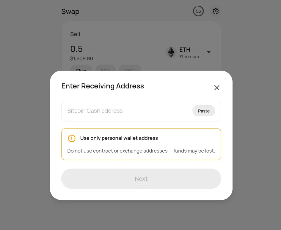 Thorchain’s recipient address view WebP Thorchain form to enter BCH receiving address.