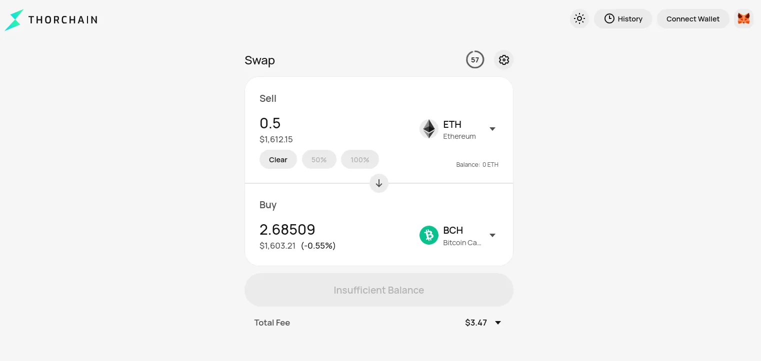 Thorchains's swap view WebP Thorchain swap interface from ETH to BCH.